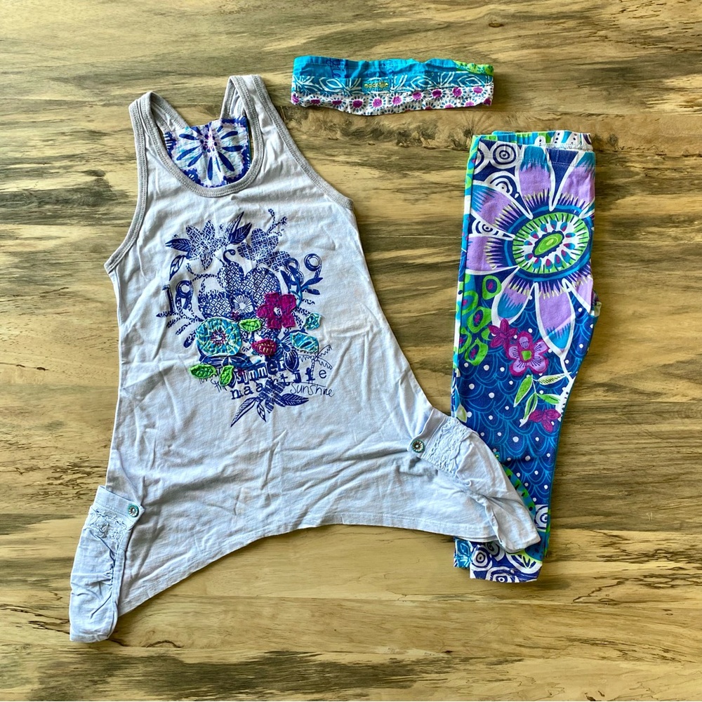 Naartjie Girl’s Shark Bite Tank & Tropical Leggings W/ Headband Size 7 XL